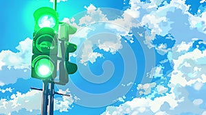 Green traffic light on a sunny day with clouds in the sky. Clear signal to go, ideal for safety and travel themes. Urban