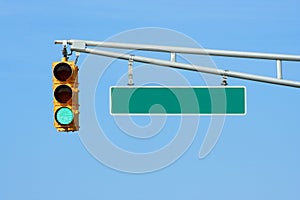 Green traffic signal light with sign