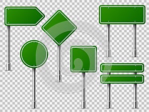 Green traffic signs. Road board text panel, mockup signage direction highway city signpost location street arrow way set