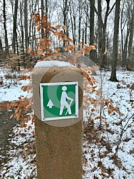 A GREEN TRAIL MARKER GUIDES HIKERS ALONG A SNOWY TRAIL IN A PUBLIC PARK