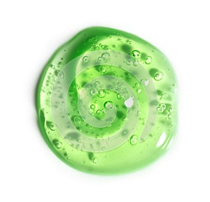Green transparent gel drop. Liquid cream gel cosmetic smudge texture on white background