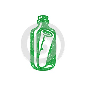 Green transparent glass bottle with rolled paper letter message inside hand drawn grunge texture