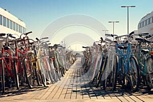 Green Transportation Symbol: Overflowing Bicycle Parking with Bicycles