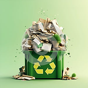 Green trash bin filled with waste paper ready for recycling isolated on light background with copy spcae. Waste paper illustration