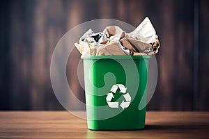 Green trash bin filled with waste paper ready for recycling isolated on wooden background with copy spcae. Waste paper