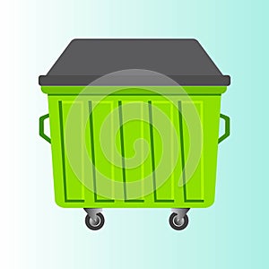 Green trash can with grey lid insulatedon a light blue background