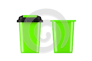 Green trash can. With and without a lid. Isolated on white background. Garbage recycling.
