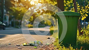 Green Trash Can on Side of Road, Waste Disposal Container for Public Use