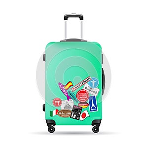 Green travel plastic suitcase with wheels realistic hand Luggage