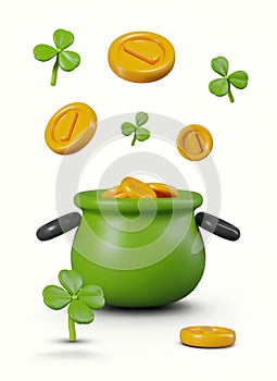 Green treasure pot, falling coins, green clover shamrocks