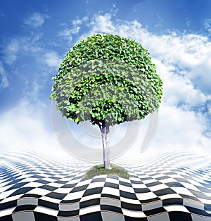 Green tree, blue sky with clouds and checkerboard floor