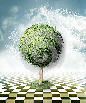 Green tree, blue sky with clouds and checkerboard floor