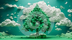 Green tree, clouds, sky paper style
