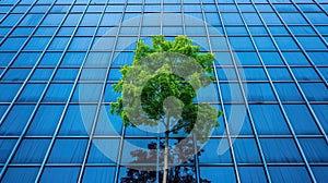 Green tree contrasts with the blue glass facade of a building.