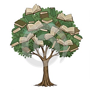 Green Tree Filled with Open Books Illustration