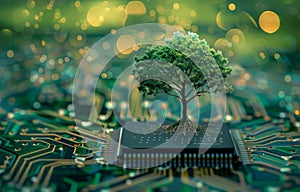 Green tree flourishing on a microchip amidst electronic circuits, symbolizing eco-friendly technology and innovation