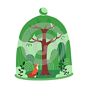 Green tree forest with fox under a transparent glass dome. Save the forest and nature concept. Bad influence on the environment.