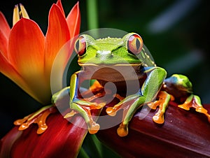 Green tree frog on bird of paradise flower