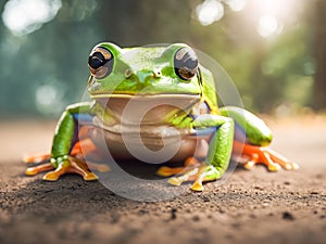 Green tree frog on the ground in the forest.