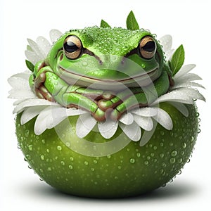 A green tree frog sits atop a green apple, which is wrapped in a white flower.