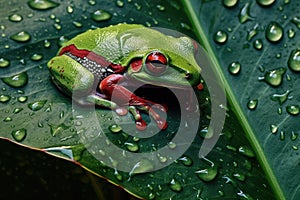 Green Tree Frog under Rain on a Big Leaf extreme closeup. Generative AI