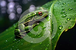 Green Tree Frog under Rain on a Big Leaf extreme closeup. Generative AI