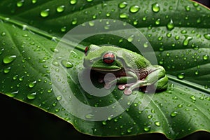 Green Tree Frog under Rain on a Big Leaf extreme closeup. Generative AI