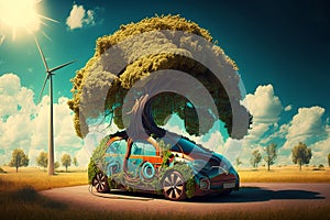 Green tree growing from an electric machine car and windmill in nature. Green energy, eco friendly concept. AI generated