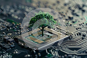 A green tree growing on a microchip, symbolizing the integration of nature and technology