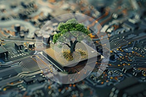 A green tree growing on a microchip, symbolizing the integration of nature and technology