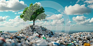 Green tree growing on pile of garbage. Ecology and environment concept.