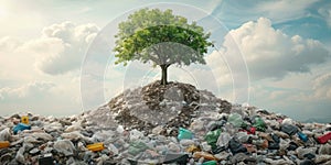 Green tree growing on pile of garbage. Ecology and environment concept.