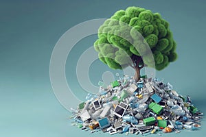 A green tree growing on a pile of plastic garbage. Space for text.