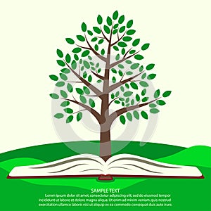 Green tree grows from open book. Ecology infographics concept, template for ecological print product. Vector.