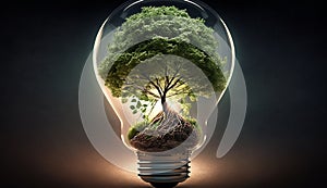 Green tree inside light bulb, altenative energy concept. Generative AI