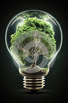 Green tree inside light bulb, altenative energy concept. Generative AI