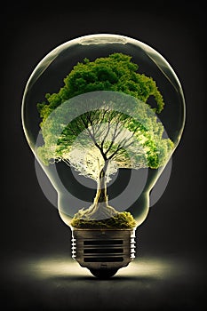 Green tree inside light bulb, altenative energy concept. Generative AI