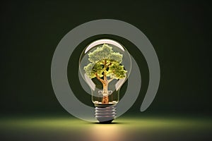 Green tree inside a lightbulb on dark background with copy space