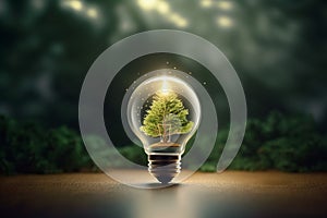 Green tree inside a lightbulb on dark background with copy space