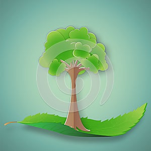 Green tree on leaf as environment conservation , Eco and saving the earth concept , vector illustration