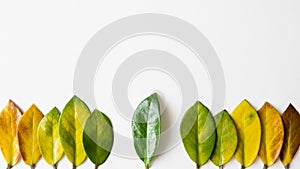 Green tree leaf among yellow leaves. Conceptual image of ecology and sustainable agriculture