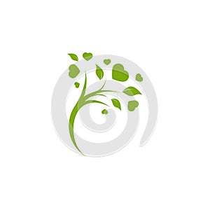 Green tree with leaves and hearts isolated on white. organic symbol. Natural, fresh, eco logo