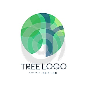 Green tree logo original design, green eco circle badge, abstract organic element vector illustration