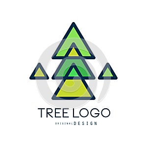 Green tree logo original design, green geometric fir tree badge, abstract organic element vector illustration