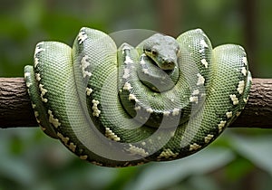Green tree python coiled on branch