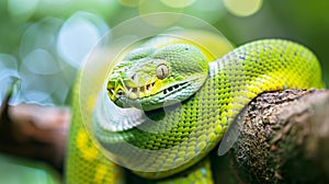 Green tree python coiled on branch macro wildlife close up