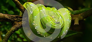 Green tree python coiled on a tree branch