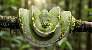 Green tree python coiled on a jungle branch