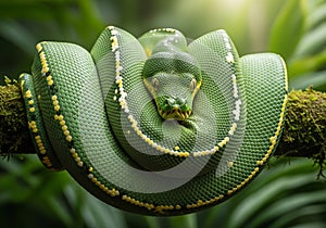 Green Tree Python Coiled on Mossy Branch AI generated