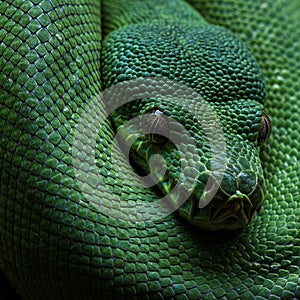 Green tree python (Morelia viridis) coiled with its head visible. The snake's scales are
